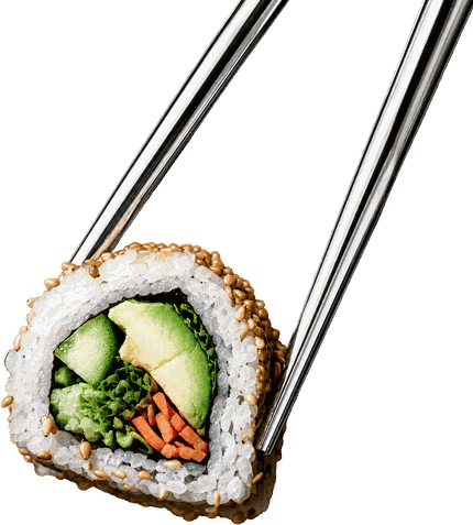 An uramaki roll held in chopsticks