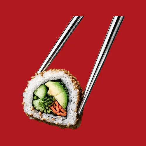 An uramaki roll held in chopsticks